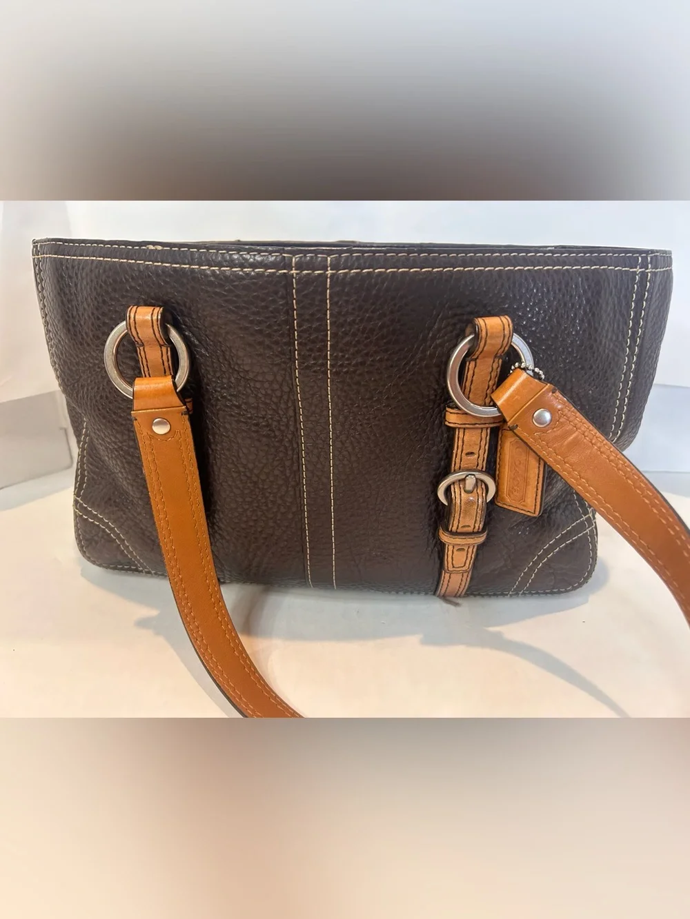 Vintage Coach Chelsea Leather Bag in Dark Brown with Tan Trim